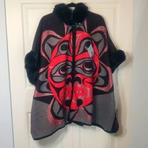 Knitted Hooded Shawl with Indigenous Design 'Copper Sun' by Joe Wilson